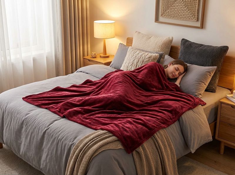Burgundy fleece throw draped over a couch arm in lamplight