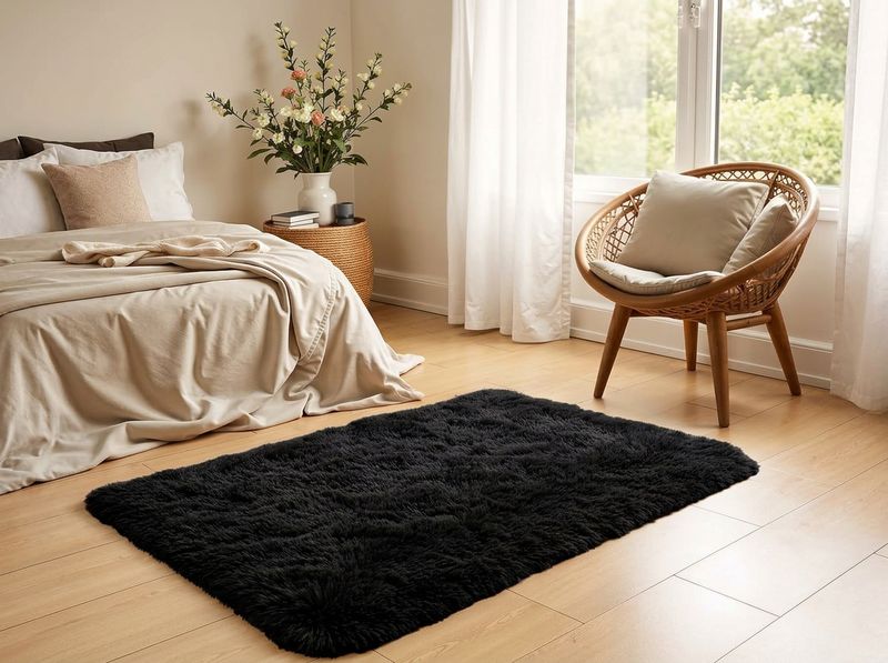 Bare feet stepping onto a black shaggy bedside rug
