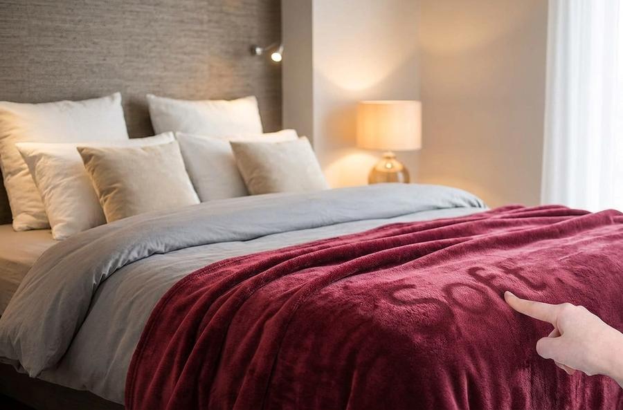 Burgundy fleece throw draped on a couch