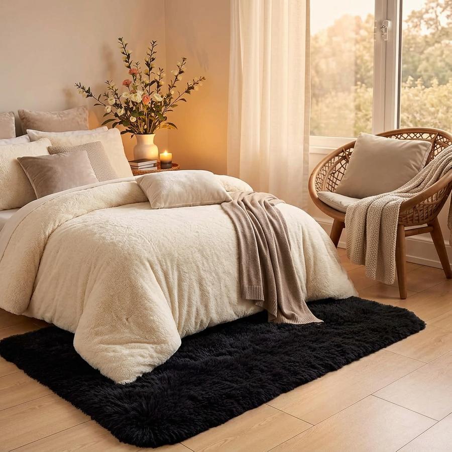 Black shaggy bedside rug on hardwood